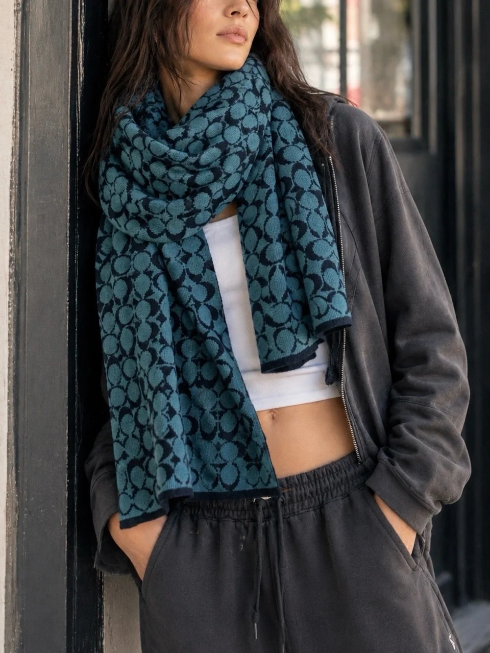 Coach Signature C Merino Wool Scarf Teal Navy 67”